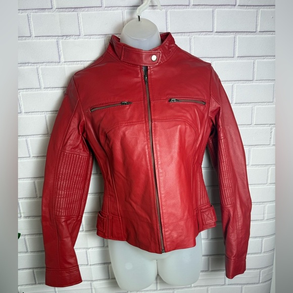 G COLLECTION women Classic vintage red Leather motorcycle Jacket Sleek Design/M - Picture 13 of 16